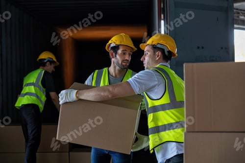 Preview: 3 Workers hand carry carton box take from 40 feet steel container one by one and stack on floor