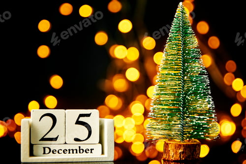 Visualização: Composição de Feliz Natal e Feliz Ano Novo com árvore de Natal em fundo escuro