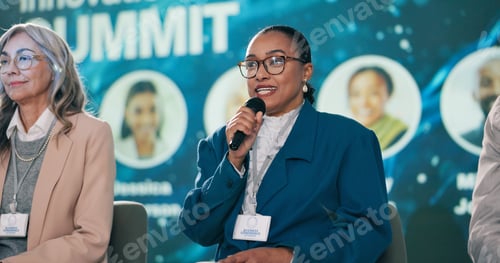 Preview: Business, summit and woman speaker talking, presentation and discussion for audience with leadershi