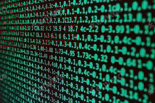 Preview: Digital data on computer screen. Green numbers and letters. Digital background. Data security. Cyber