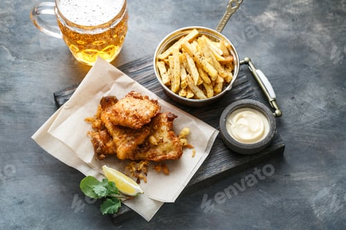 Preview: Fish and chips with mayo on crumpled paper.