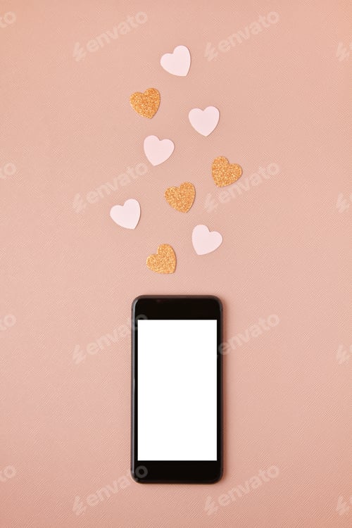 Preview: Mockup flat lay with smartphone and herta. Social networking, getting likes
