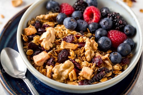 Preview: Granola with nuts, dried fruits and fresh berries in a bowl on the table