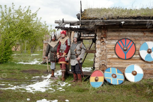 Preview: Reenacting Medieval Warriors Outside Wooden Hut