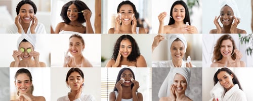 Preview: Cheerful young black, european, arab and asian women enjoy anti-aging routine, clean skin and