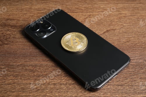 Preview: Smartphone with bitcoin on wooden table, closeup
