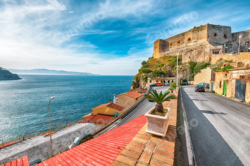 Preview: Awesome seaside and town Scilla with old medieval castle on rock Castello Ruffo