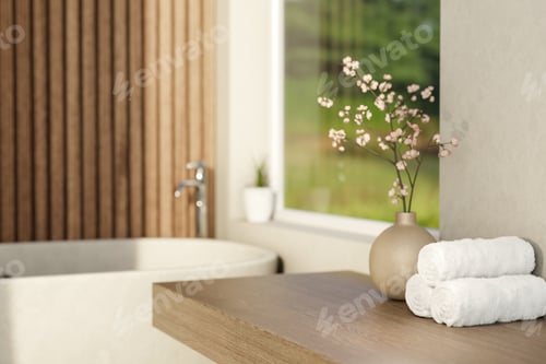 Preview: Towels and flower vase on wooden table aside white tub under garden view window in a modern bathroom
