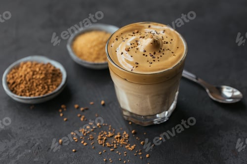 Preview: Glass of Iced Dalgona Coffee, trendy fluffy creamy whipped coffee and milk