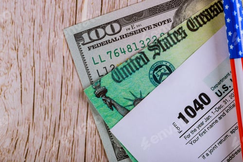 Preview: Economic stimulus tax return check and US 100 dollar bills currency