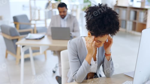 Preview: Stress, computer and business woman with headache in office with