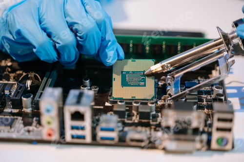 Preview: The technician is putting the CPU on the socket of the computer motherboard. electronic engineering