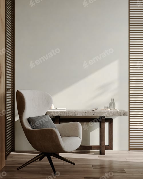 Preview: Modern room interior with big armchair and console table with decor near wall with sunlight
