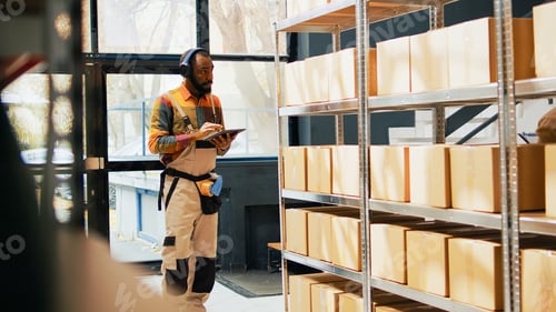 Preview: Young depot worker listening to music using tablet