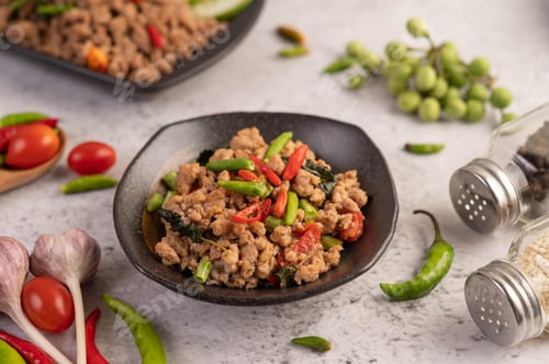 Preview: Spicy minced pork and rice on a black plate.