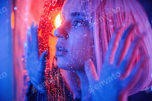 Preview: Feeling good, sensual look. Stylish woman with white hair is behind wet transparent plastic sheet