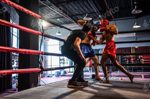 Preview: Two young professional boxer having a competition tournament on stage.