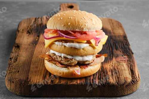 Preview: Monster double burger on wooden board
