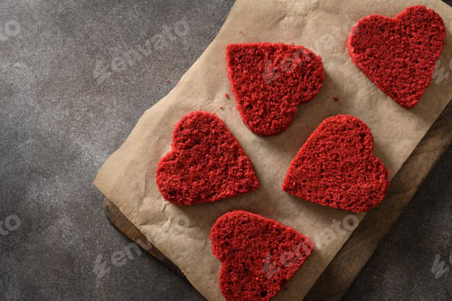 Preview: Heart shaped red velvet cake for Valentine's day. Tasty homemade dessert.
