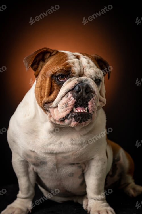 Preview: Adorable American Bulldog against a beige background