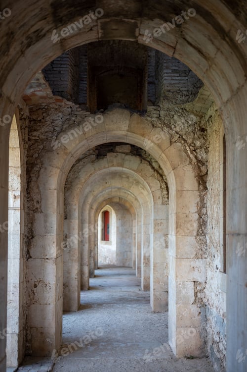 Preview: arches of stone and brick are lined around an archway at the end of an aisle