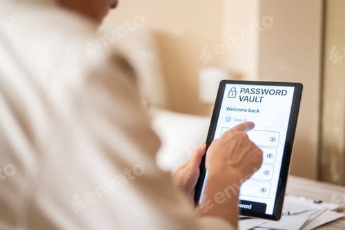 Preview: Woman using tablet to access password vault app, securely managing her digital credentials