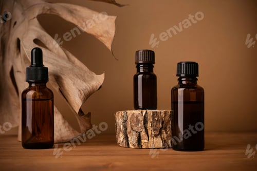 Preview: Three amber bottles with essential oil or cosmetic serum on a brown background with dry monstera