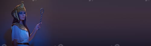 Preview: Woman in egyptian look holding crook and looking at camera on brown with blue lighting, banner