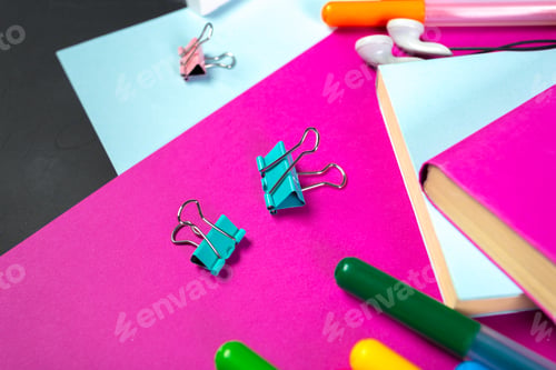Preview: School and office supplies on blackboard