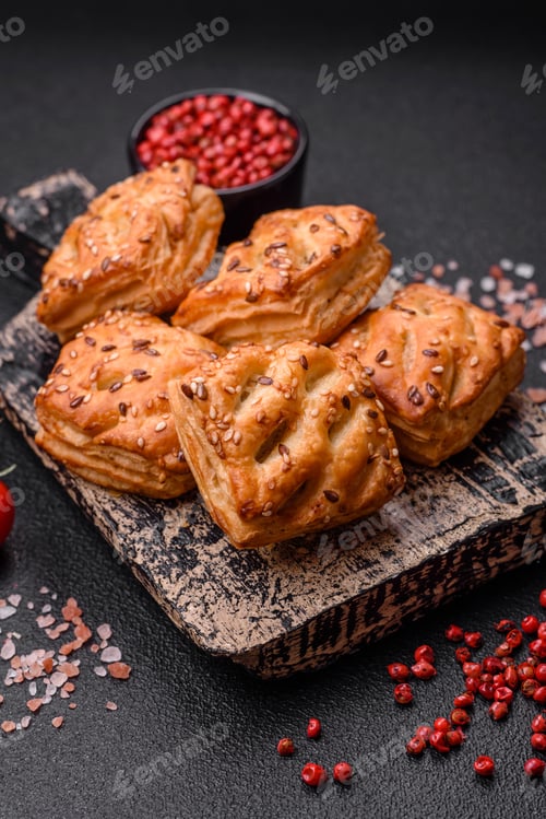 Preview: Delicious crispy mini puffs with sausage or meat with salt, thyme and sesame