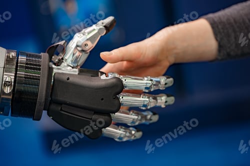 Preview: Hand of a businesswoman shaking hands with a Android robot.