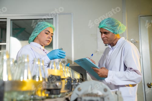 Preview: Team of worker quality control a fruit drink factory in glass.