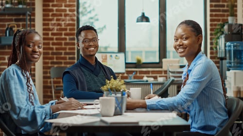 Preview: Happy employees group meeting in office