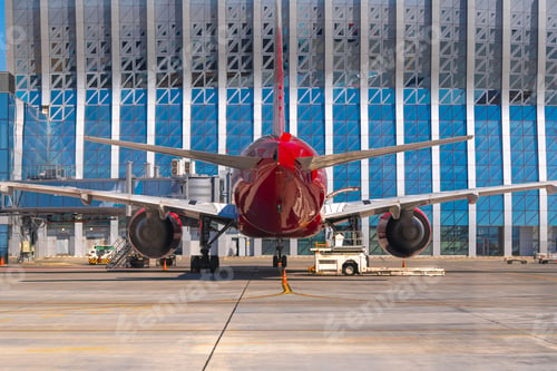 Preview: Airplane is parked near gate of airport terminal