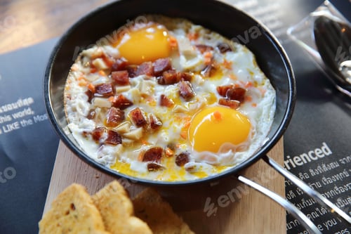 Preview: Brealfast Fried Egg Stuff With Hot Pan With Bread