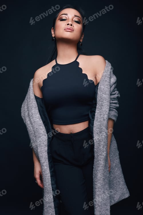 Preview: Fashion Swag Portrait Of Beautiful Elegant Asian Woman In Gray Coat On Black Background