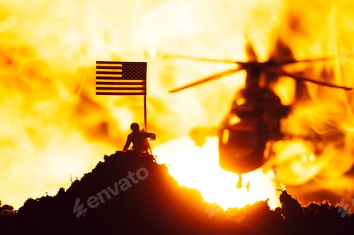 Preview: Battle scene with toy warrior near american flag and helicopter in fire with sunset at background