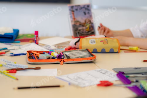 Preview: school supplies, stationery on school desk