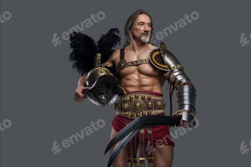 Preview: Aged but still mighty muscular gladiator with long grey hair and beard