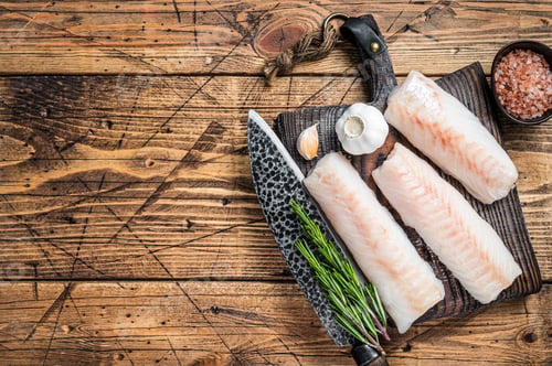 Preview: Fresh Raw cod loin fillet steaks on wooden board with butcher knife. wooden background.