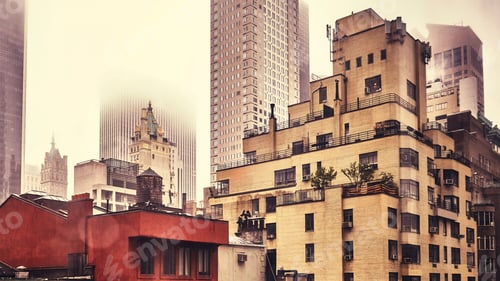 Preview: New York City old residential buildings on a rainy day.
