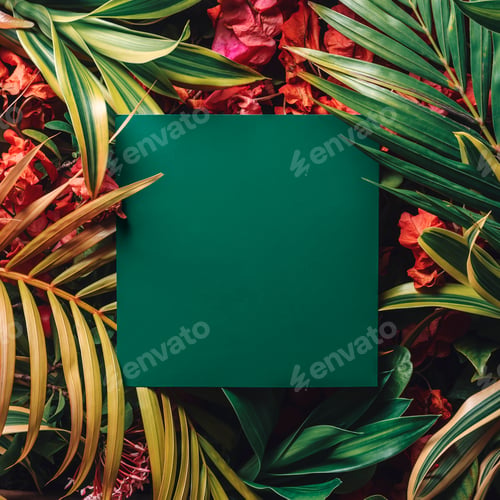 Preview: Tropical layout of pastel shades of tropical leaves and flowers with a square card.