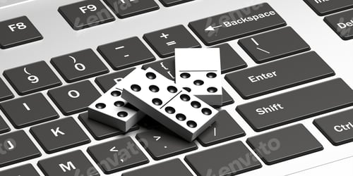 Preview: Dominoes game blocks on a laptop. 3d illustration