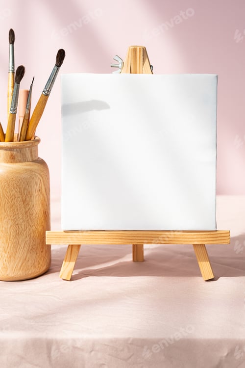 Preview: Easel with blank canvas and vase with brushes. Artistic still life.
