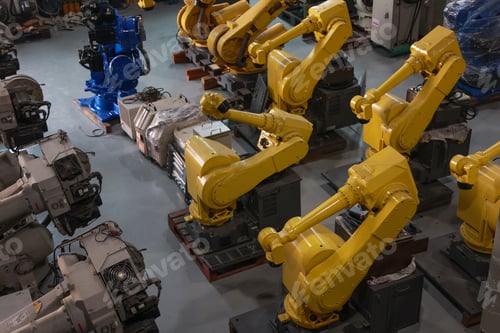 Preview: Automated robotic arms lined up in a high-tech manufacturing plant ready for production
