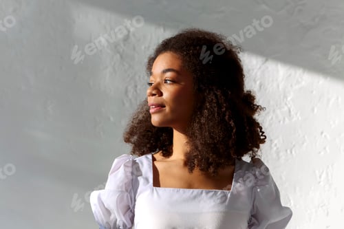 Preview: Young tender african american woman with curly hairstyle standing in warm sunlight indoors