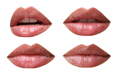 Preview: Beautiful female lips with bright makeup on white background, collage of photos