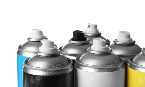 Preview: Cans of different spray paints on white background, closeup