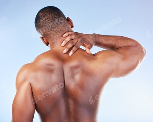 Preview: Black man, neck pain and injury with fitness and health, medical problem and aching body with back
