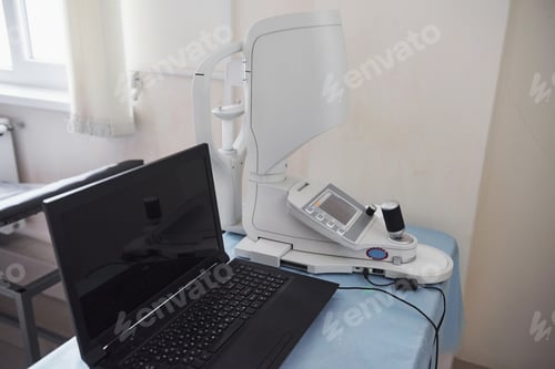 Preview: Workplace of the doctor. Laptop and ophthalmic equipment on the table